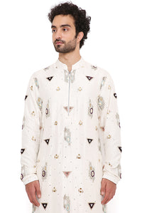 Off White Silk Embroidered Bomber Kurta With Jogger