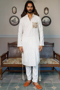 Off White Pocket Embroidered Kurta With Pant