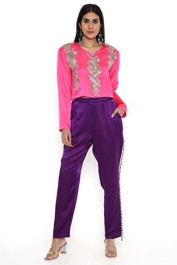 Pink Embroidered Top With Purple Pant