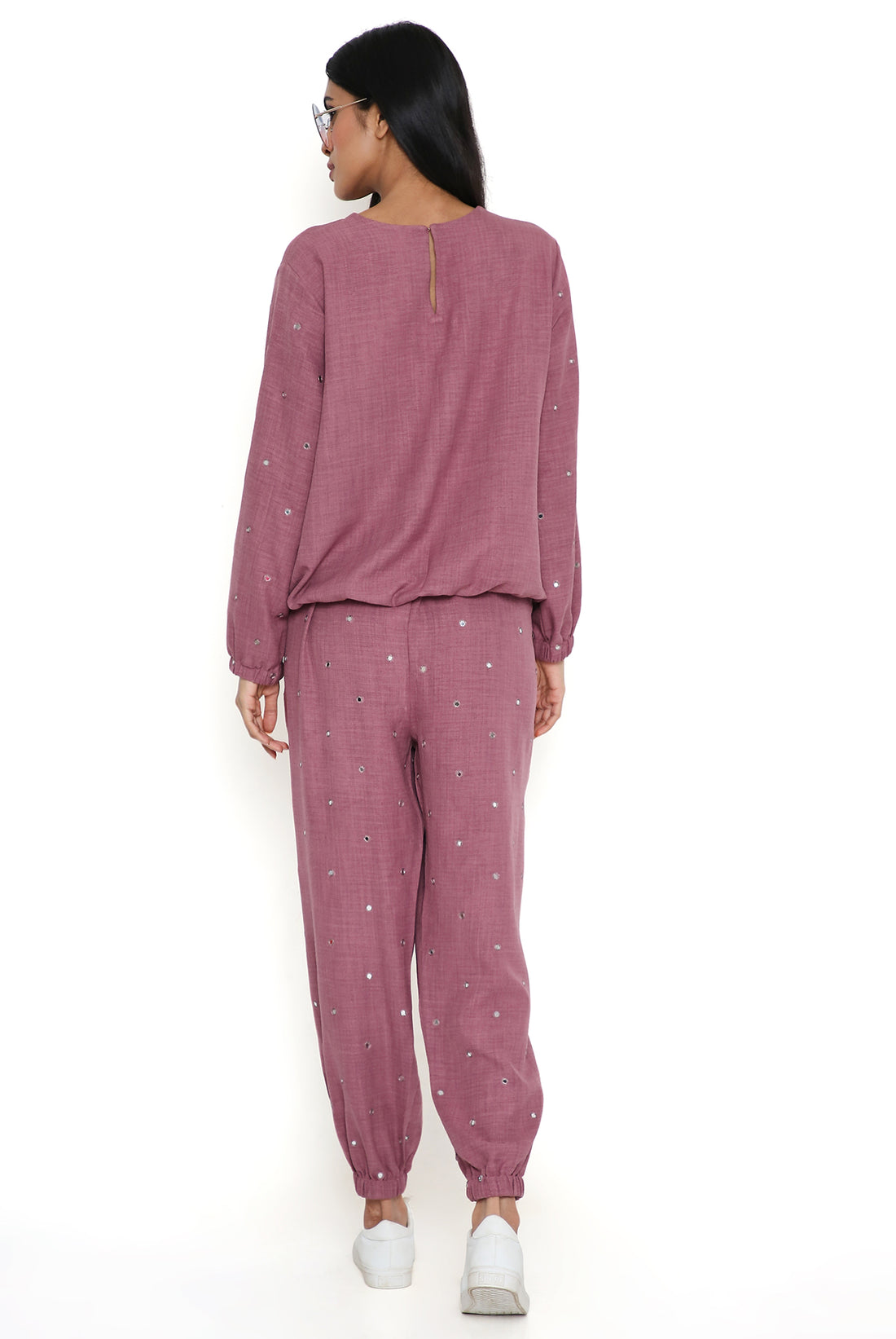Magenta Linen Embroidered Top And Joggers