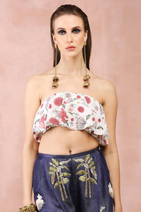 Off White Ruffle With Denim Wide Leg Pants