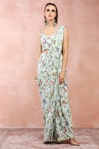 Mint Embroidered Choli With Pre-Stitched Saree