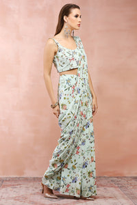 Mint Embroidered Choli With Pre-Stitched Saree