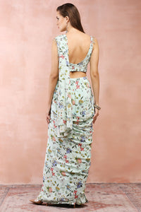 Mint Embroidered Choli With Pre-Stitched Saree