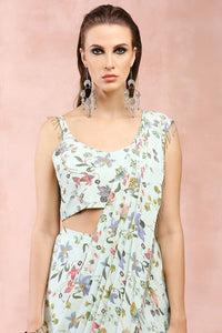 Mint Embroidered Choli With Pre-Stitched Saree