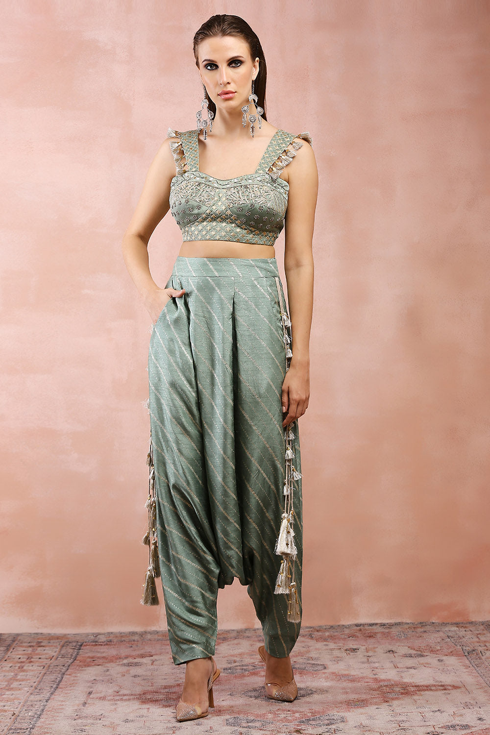 Payal Singhal  Sage Green Corset Top With Low Crotch Pant