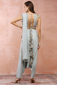 Powder Blue Choli And Low Crotch Pant With Attached Drape