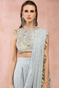Powder Blue Choli And Low Crotch Pant With Attached Drape