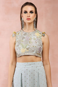 Powder Blue Choli And Low Crotch Pant With Attached Drape