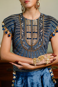 Qirat Navy Blue Boxy Choli And Low Crotch Pant