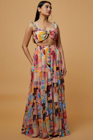 Trance Print Bustier With Bow & Skirt