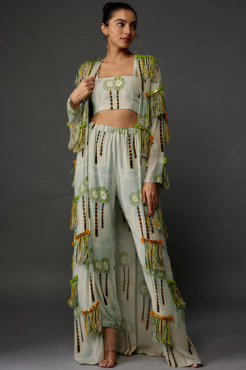 Palm Print Jacket & Bustier With Jogger Pant