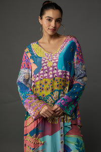 Purple Tropical Print Kurta With Cropped Palazzo