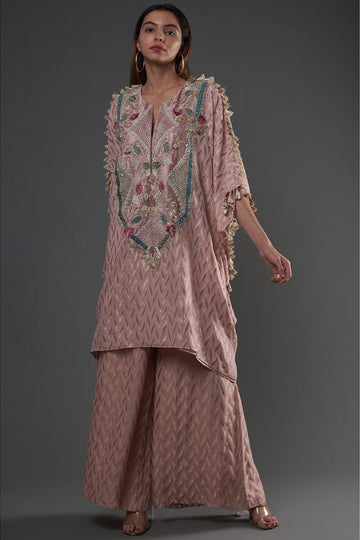 Rose Pink Embroidered Kaftan With Palazzo
