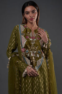 Olive Embroidered Kurta & Palazzo With Dupatta