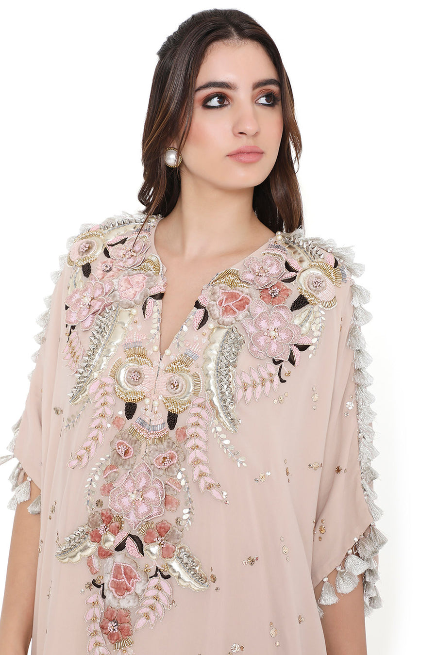 Stone Embroidered High Low Kaftan With Pant