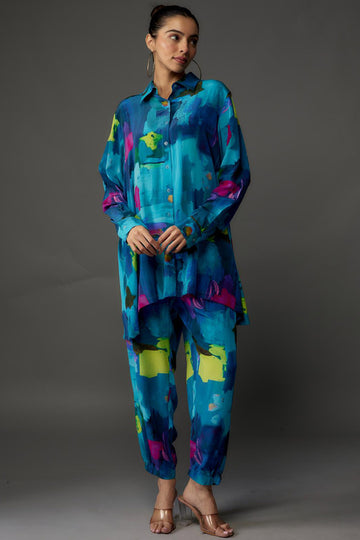 Teal Painterly Print Shirt With Jogger Pant