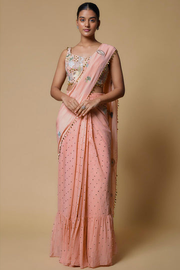 Rose Pink Choli With Frill Pre-Stitched Saree