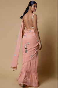 Rose Pink Choli With Frill Pre-Stitched Saree