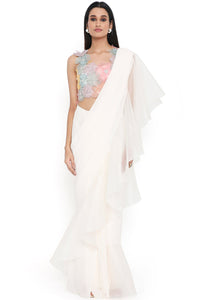 Off White 3D Flower Choli And Pre-Stitched Saree