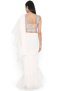 Off White 3D Flower Choli And Pre-Stitched Saree