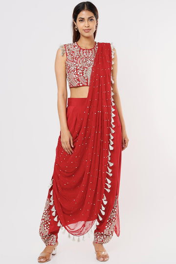 Cherry Red Choli & Low Crotch Pant With Attached Drape