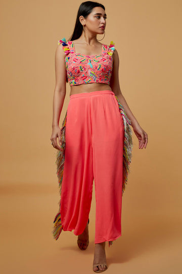 Coral Embroidered Choli With Cropped Culotte Pant