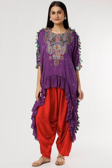 Purple Embroidered Kaftan With Red Salwar