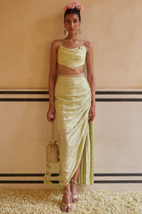 Mint Drape Skirt Paired With cowl Top & Cape