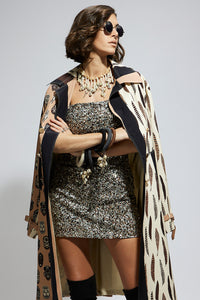 Mask and Feather Print Trench Coat