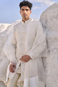 Cream Three Dimensional Floral Sherwani Set