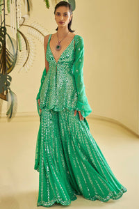 Green Mirror Work Sharara Set