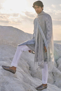 Metallic Grey Mirror Work Sherwani Set
