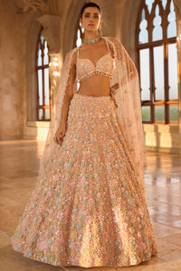 Multi-Coloured Three-Dimensional Floral Lehenga