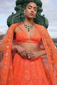 Neon Orange Sequin Lehenga Set