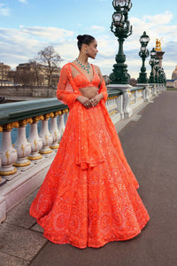 Neon Orange Sequin Lehenga Set