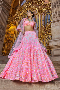 Neon Peach Pink Sequin Lehenga Set