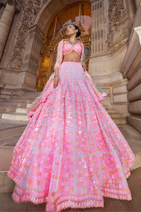 Neon Peach Pink Sequin Lehenga Set