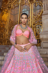 Neon Peach Pink Sequin Lehenga Set
