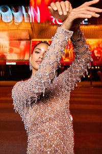 Nude Crystal Drop Gown