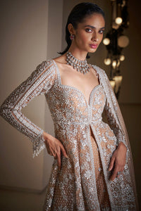 Nude Silver Jacket Sharara Set