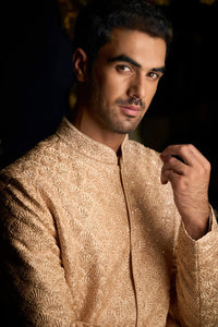 Peach Thread Sequin Sherwani Set