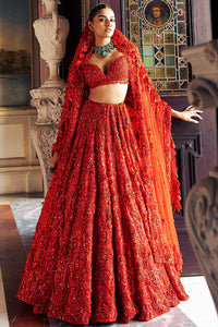 Red 3D Floral Lehenga Set
