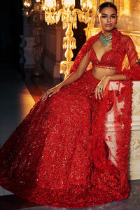 Red 3D Floral Lehenga Set