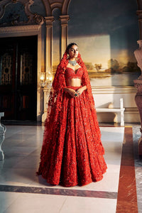 Red 3D Floral Lehenga Set