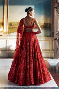 Red 3D Floral Lehenga Set