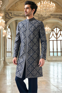 Navy & Silver Zari Sherwani Set