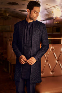Navy Thread Work Open Sherwani Set