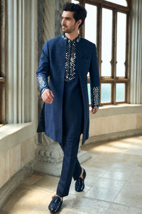 Persian Blue Mirror Open Sherwani Set