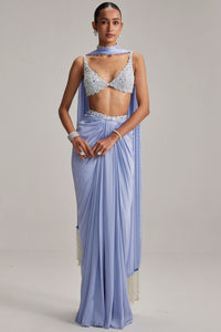 Dew Blue Satin Draped Skirt Set